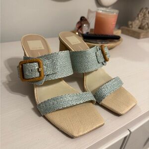 Dolce Vita Light Blue Woven Buckle Mules with Tan Footbed